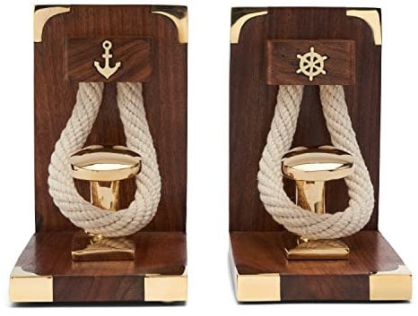 NKlaus 1 Paire de Serre-Livres avec Bollard & Corde Bois Laiton 31x16x9,5cm Supports de Livres Robustes avec Un Flair Maritime pour Votre bibliothèque 11527