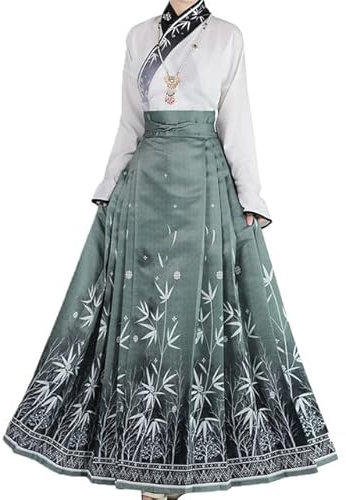 Robe Hanfu Traditionnelle Chinoise Jupe Visage de Cheval Femmes Dynastie Ming vêtements Vintage Jupe plissée Costume Cosplay (Green Set,S)