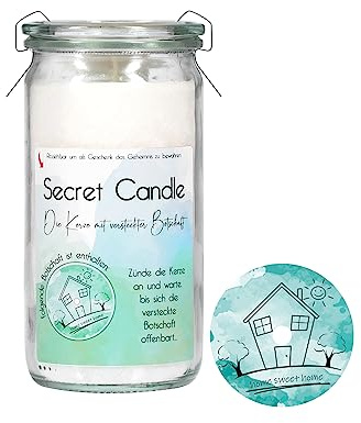 Candle Factory Secret Candle Duftkerzen mit einer versteckten Botschaft, ca. 70h Brennzeit, Duft: Harmony, Botschaft: home sweet home