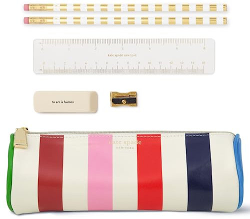 Kate Spade New York Pen and Pencil Case with Office Supplies, Zip Pouch Includes 2 Pencils, Sharpener, Eraser, and Ruler (Adventure Stripe)