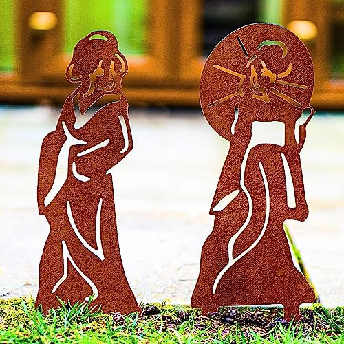 Japanese Gardens Ornament Geishas Statues Metal Figures Oriental Outdoor Zen Decoration Gift Her Woman Garden Lover (Natural Finish: Crafted in raw steel develops natural patina)