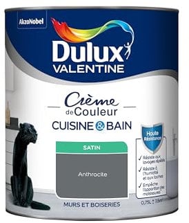 Dulux Valentine Peinture Intérieure Crème de Couleur Cuisine et Salle de Bain - Pièces Humides Murs et Boiseries - Résistant aux taches et à l'humidité - Satin Anthracite 0,75 L