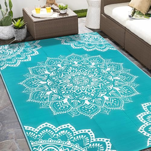 Yamaziot Wasserdichter Outdoor-Teppich, 1,8 x 2,7 m, wendbarer Kunststoff-Strohteppich für Terrasse, Camping, Wohnmobil-Matte, großer Außenteppich für Veranda, Deck, Hinterhof, Balkon, Picknick (blau)