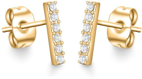 day.berlin Stab Ohrstecker in Gold 18k vergoldet, kleine Damen Ohrringe 10mm lang, 2mm breit mit Zirkonia Kristallen, 316L Edelstahl nickelfrei und wasserfest