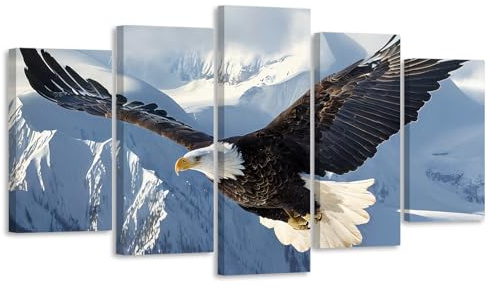ZXHYWYM Bilder mit fliegendem Adler 5 Teilig Weißkopfseeadler Leinwandbilder Tierporträt Gemälde Drucke Naturkunstwerk Heimdekoration Gerahmt (Bild-1, (100.00 x 55.00 cms))