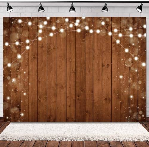 INRUI Holz Backdrop Rustikale Holzwand Fotografie Backdrop Retro Braunes Holzbrett mit Lichtschnur Fotobanner Holzwand Studio Dekoration (2,1 x 1,5 m)