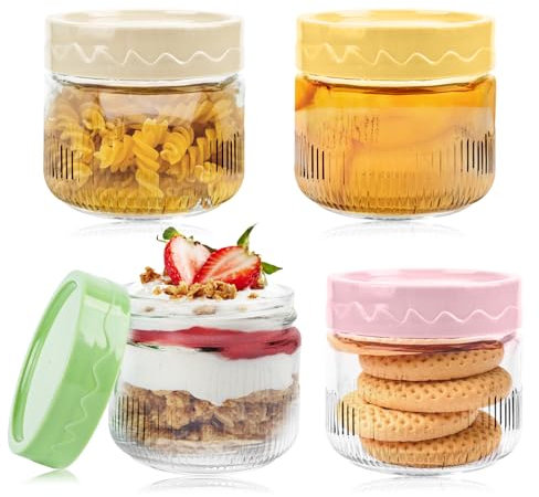 4 Stück Overnight Oats Gläser,250ml Oatmeal Behälter Glas,Overnight Oats Jars,Einmachgläser,Fermentierglas leere Gläser Vorratsgläser,Wiederverwendbare Glasbehälter für Joghurt Pudding Salat Marmelade
