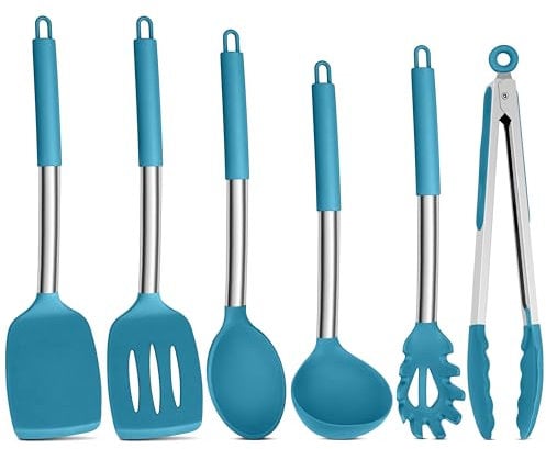 Onader 6 Pieces Kitchen Utensils Set, Silicone Cooking Utensils for Non-Stick Cookware, Heat Proof Kitchen Cooking Tools, Stainless Steel Handle & Dishwasher Safe - Dark Blue
