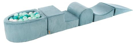 MEOWBABY Schaumstoff Bausteine Kinder - Softbausteine XXL - Bausteine Spielplatz mit kleinem Bällebad und 100 Bällen - Indoor Motorik Spielzeug für Babys & Kleinkinder, Cord, Türkis