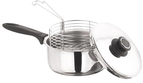 Non-Stick Deep Fat Fryer Chip Pan with Basket 20cm | Durable Chip Pan with Plastic Handles and Lid | Perfect for Professional Kitchen Cooking (8 Silver)