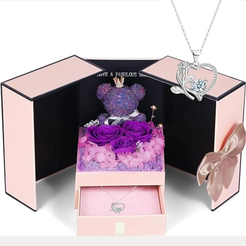 ELEUTH Rose Moosbär Geschenke für Mama,Echte Ewige Rose Geschenkbox mit Halskette,Konservierte Rose Blumen Box Muttertagsgeschenk fur Mama Frauen Ehefrau Freundin Oma Valentinstag Jahrestag Weihnachte