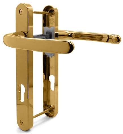 TSS Polished Brass UPVC Door Handle Pair Set, Sprung, 92mm PZ (Centres), Lever Lever, 203mm Screw to Screw (Screw centres), Backplate 232mm x 32mm - Replacement PVC Door Handle in Polished Brass