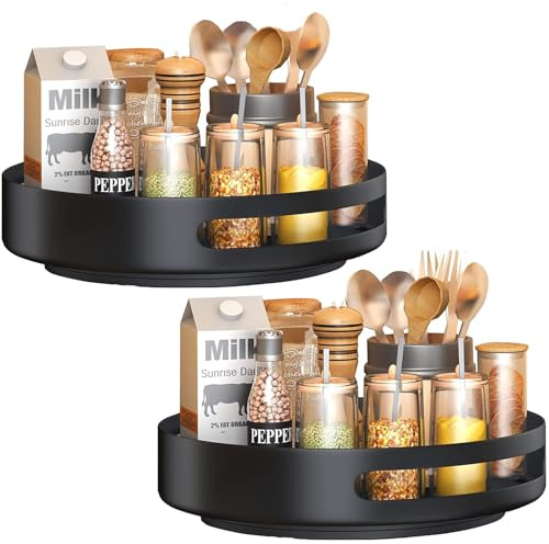 LOPYXBR 2 Piezas 30 cm Especiero Giratorio, Lazy Susan Negra de Metal, Organizador Cocina 360 Grados, Bandeja giratoria para Especias, Botellas, frigorífico, baño y encimera