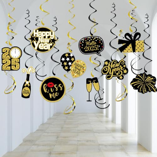 Silvester Deko 2025 Hängende Wirbel,Schwarz Gold Silvester Deko Spiralen Luftschlangen Hängedeko,Happy New Year 2025 Deko Swirl Streamers 2025 Silvester Party Dekorationen für Home Indoor Outdoor