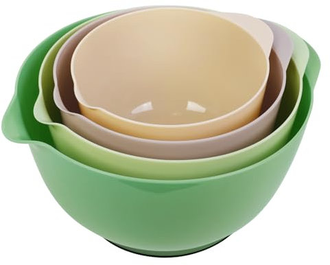 BoxedHome Sage Nesting Plastic Mixing Bowl Set with Pour Spout, Microwave and Dishwasher Safe, BPA Free Non-Slip Base, Set of 4, Great for Prepping, Baking, Cooking