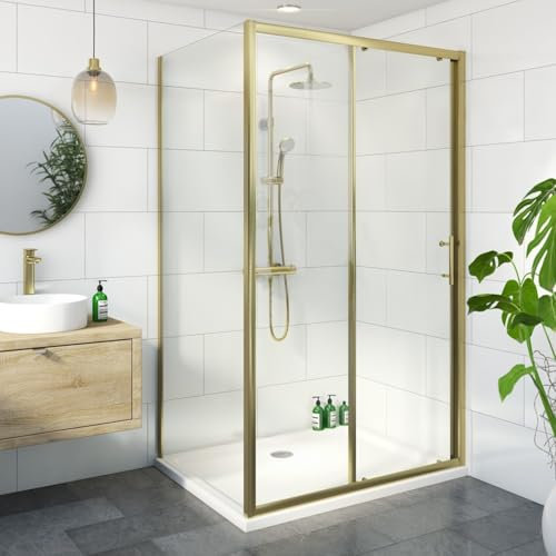 Luxura® 1000 x 800mm Sliding Shower Enclosure Door Screen for Wet Room Cubicle Enclosures, 6mm Toughened Safety Glass, Framed, Reversible, Brushed Brass