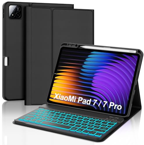 SENGBIRCH Coque Clavier pour Xiaomi Pad 7/7 Pro 11.2'' 2024 - AZERTY Français Clavier Rétroéclairé 7 Couleurs Détachable sans Fil Bluetooth pour Xiaomi ad 7/7 Pro 11.2 Pouces 2024, Noir