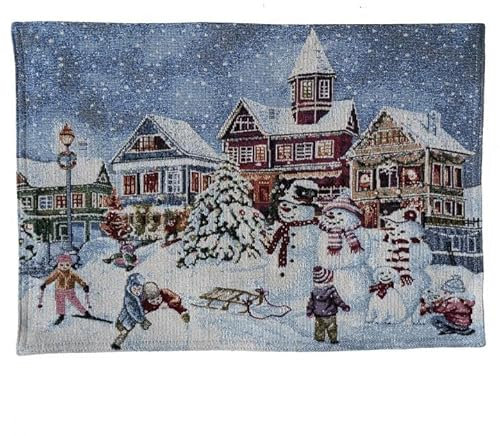 Generisch 2er Set Mitteldecke Platzdeckchen Gobelin Winter Weihnachten 33 x 46 cm Schneemannfamilie Baumwollmischung