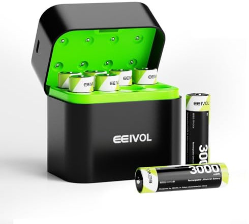 GREENOE Wiederaufladbare Lithium Akkus AA mit Ladegerät,Hohe Kapazität 1.5V AA Batterien (Ladegerät mit 8 * 3000mWh AA)