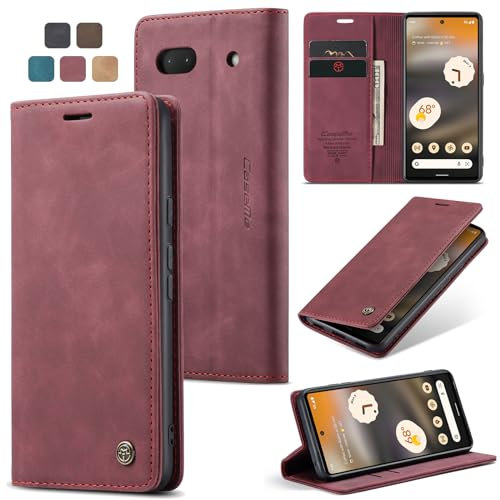 owlhold Funda de piel prémium para teléfonos móviles Google Pixel 6A, suave, de estilo retro, confeccionada en nobuk, plegable y con tarjetero, función de soporte y en color burdeos