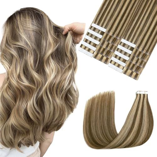 Sindra Invisible Tape Extensions Echthaar 35cm #4P27 | Schokoladenbraun bis Karamellblond, 20 Stück 50g, Tape Extensions Echthaar Bondings, Gerade Weft, 14 Zoll