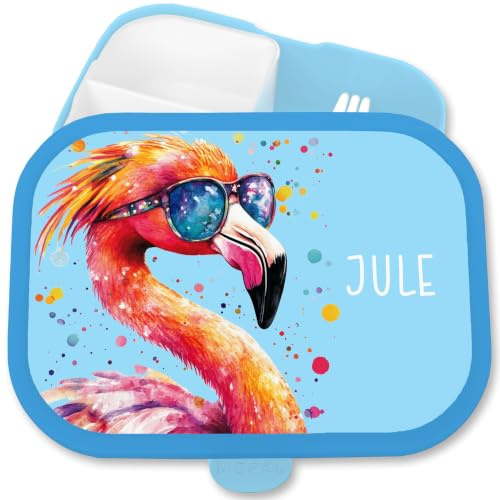 Shirtracer Mepal Brotdose Kinder personalisiert Flamingo Sonnenbrille | Blau, 750 ml, mit Fächern, Schule, spülmaschinenfest, Vesperbox, Snackbox, Jausenbox, Einschulung, Schulanfang, Schulkind