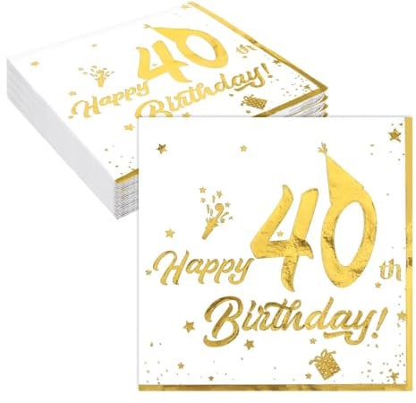 40 Stück Servietten 40. Geburtstag, Servietten Gold Weiß, Happy Birthday Deko 40 Geburtstag Männer Frauen, Gold Schrift, Cocktailservietten Jubiläum Deko Tischdeko für Party, 33x33 cm