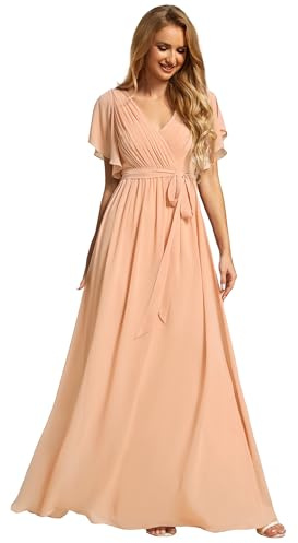Ever-Pretty Women's V-Neck Ruffle Sleeves Ruched Bust Chiffon Floor Length Bridesmaid Dresses Peach 18