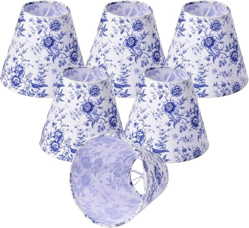 6er Set Clip Lampenschirme klein in Empire-Form aus Stoff (8×15×13 cm) für E14 Kerzenlampen, mit Blau-Weiß Floral Design, geeignet für Kronleuchter, Wandleuchten & Tischlampen