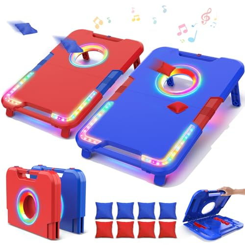 VATOS Portable Cornhole Board Set with LED Lights & Sound Effects, Scoring, Foldable - 2 Boards & 8 Bean Bags for Backyard, Camping, Tailgate Parties, Outdoor Cornhole Games for Kids and Adults Family