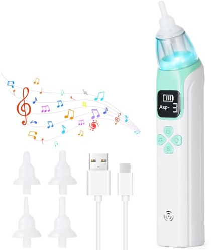 URAQT Electric Nasal Aspirator Baby, Portable Baby Sucker with 4 Silicone Tips Nose, Automatic Nose Cleaner with Music and Light, Suction 3 Level, Green
