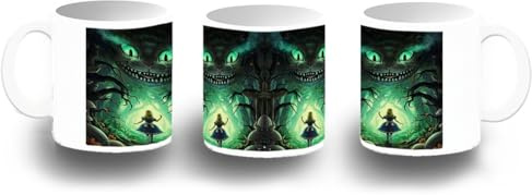 MERCHANDMANIA Taza fotoluminiscente alicia pais maravillas gato siniestro halloween cuento brilla oscuridad