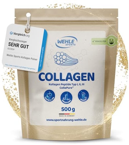 Collagen Pulver - Kollagen Hydrolysat Peptide, Eiweiß-Pulver Geschmacksneutral, Wehle Sports Made in Germany Kollagen Typ 1, 2 & 3 Lift Drink (500g (1er Pack)) - Verpackung kann variieren