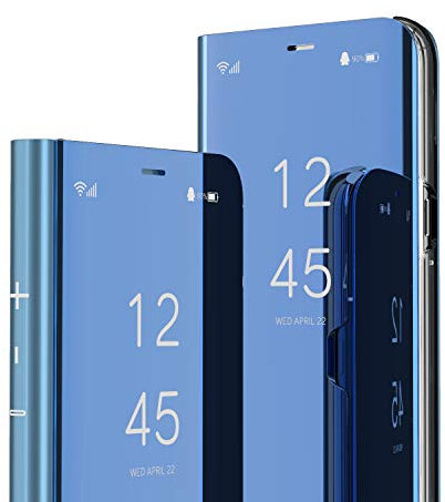 HMTECH iPhone 8 / 7 Plus Case Clear View Window Electroplate Plating Stand Mirror Flip Ultra Slim Thin Full Body Wallet Kickstand Bookstyle Cover for iPhone 8/7 Plus 5.5 Inch,Mirror PU Blue