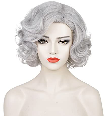ATAYOU Alte Dame Kostüm Perücke für Damen, Kurze Silber Grau Lockige Oma Kostüm Perücke Halloween Karneval Party Old Lady Perücken