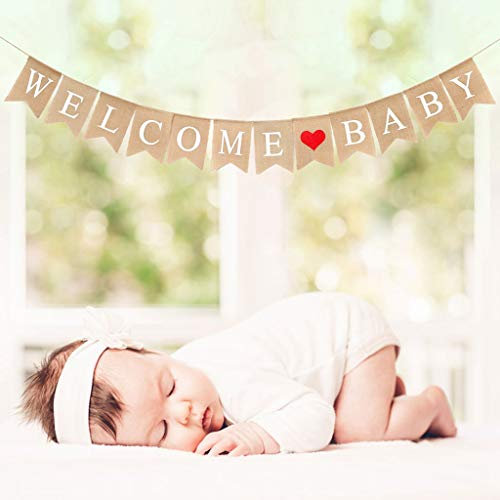 Crazy-M Vintage Leinen Welcome Baby Banner Rustikal Leinen Buchstaben Wimpel Girlande 2.8 M Haus Dekoration für Zuhause, Party, Empfang, Babyparty Rustikal Bunting Wimpelkette mit 12 STK Wimpeln