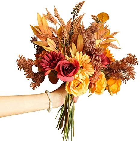 cn-Knight Lot de 2 Bouquets de Fleurs Artificielles de Style Boho, 44cm Bouquets d'automne Bohémiens pour Mariée et Demoiselles d'honneur, Décoration Rustique,Couleurs Orange