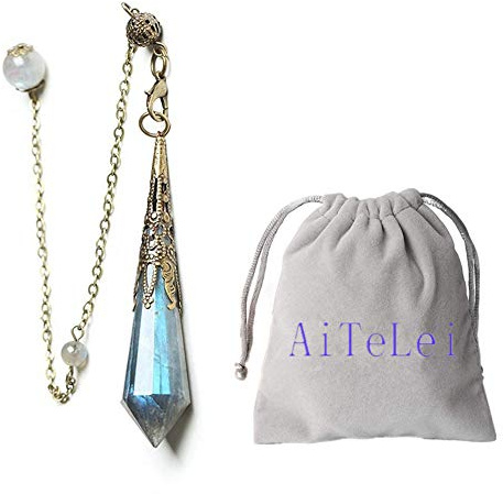 AITELEI Pendule en Cristal de Labradorite de Pierres précieuses Naturelles 12 Pendentif de Chakra de guérison de thérapie facturée pour la radiesthésie Divination Reiki chargé équilibrage avec chaîne