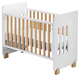 Interbaby Berceau Star Nature Blanc avec Matelas Aloe Vera | Lit bébé en bois de hêtre 120x60 cm avec matelas, hauteur réglable, côté mobile, roues silencieuses