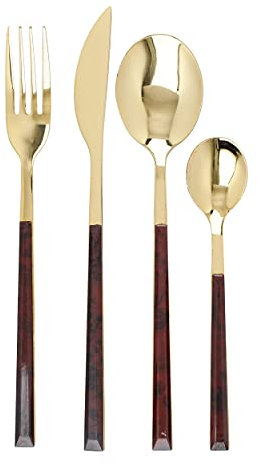 Mikasa Tortoiseshell Cutlery Set, Gold Polished Stainless Steel, Knives, Forks, Spoons, Teaspoons, 16pc Set for 4