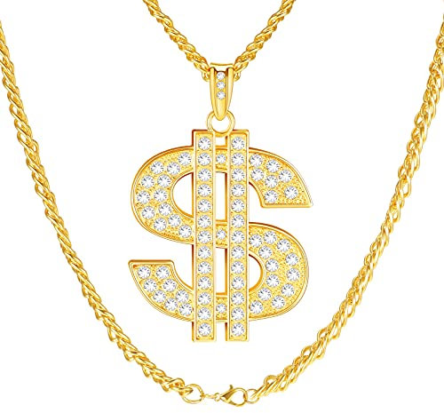 Dollar Sign Pendant Necklace - Gold Plated Chain for Men, Women & Kids - Rapper Punk Style