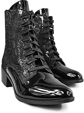Altercore Stivaletti Punta Donna Nero Vernice Lucido Pizzo Vegan Strega Witch