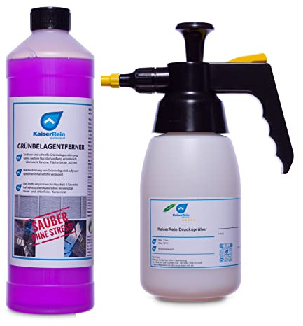 KaiserRein Profi Grünbelagentferner 1L mit Pumpdrucksprüher 1,5L Abd. ähnlich Moosentferner Algenentferner extrem ergiebiges Konzentrat 1L ergibt 10 L (für bis zu 150 m²)