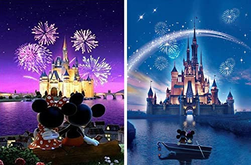 HORPKUN 2 Pack Diamond Painting for Adults & Children, DIY 5D Cartoon Diamond Art Pictures, Crystal Art Kits on Canvas, Shiny Colorful Gem Art Painting, 30 x 40cm, Castle & Fireworks