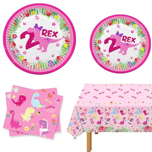 10pcs Two Rex Birthday Decorations, Pink Dinosaur 2nd Birthday Party Supplies for Girls, Plate, Paper Towel, Tablecloth Set
