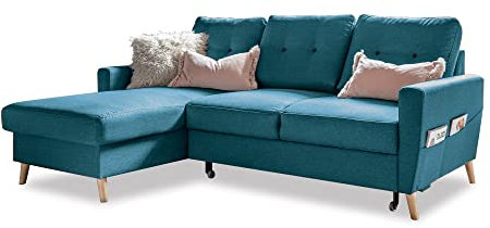 MIUFORM Ecksofa mit Schlaffunktion Bettfunktion | Friendly Lars Ecksofa | Wohnladschaft Couch Schlafcouch Wohnzimmer Gästezimmer | Holzfüße (Türkis, Links ausgerichtet)
