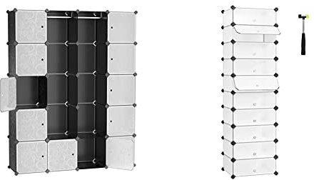 SONGMICS Schuhregal Kunststoff, rechteckiges Regalsystem mit 10 FÄchern, DIY Steckregal LPC10W Garderobe Kleiderschrank Mit 2 Kleiderstange, modularer Kombischrank LPC30H