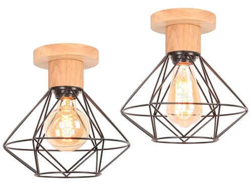 TOKIUS Lámparas de Techo Vintage 22CM Retro Lámpara Colgante Diseño de Jaula Negro Iluminación de Techo en Madera y Hierro E27 Luz Colgante de Interior para Pasillo Salón Cocina (Plafón, 2 Piezas)