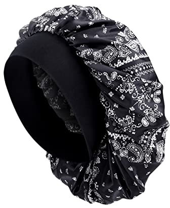 Satin Schlafmütze Damen Seide Nachtmütze Satin Bonnet Schlafhaube Bonnet Atmungsaktive Seide Schlafmütze Verstellbare Silk Bonnet Seidenhaube zum Schlafen Weiche Satin Haube Schwarz