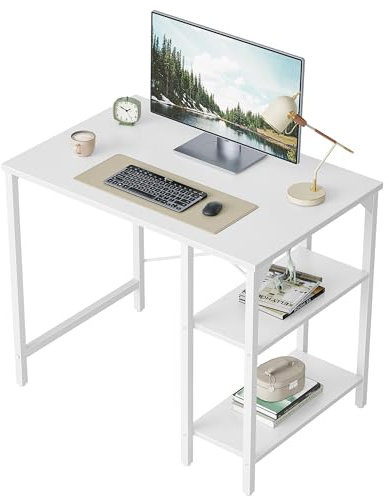 CubiCubi Small Computer Desk, 90 x 48 cm Office Desk with Reversible Storage Shelves, Modern Style for Study, Bedroom, Living Room, White